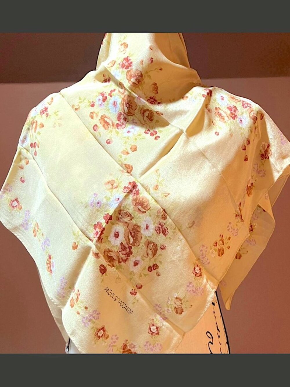 Vintage Angelo Taccari 34-Inch Floral Silk Scarf Made in Japan / Hand-Rolled Hem